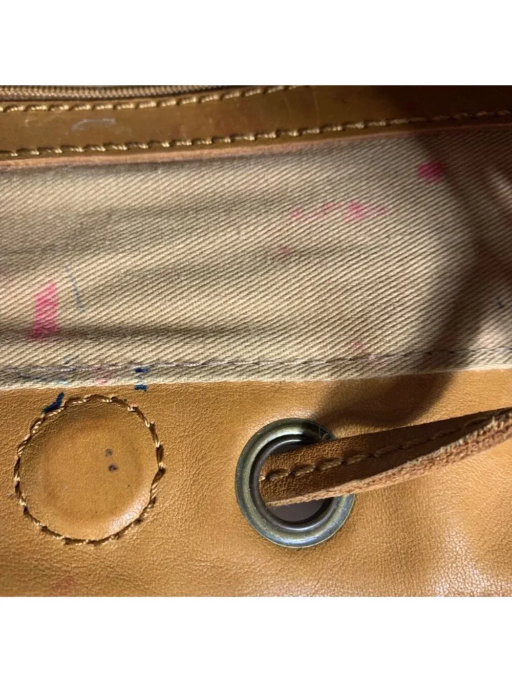 LUCKY BRAND Camel Tan Leather Drawstring Bucket Shoulder Bag Tassel Charm VTG